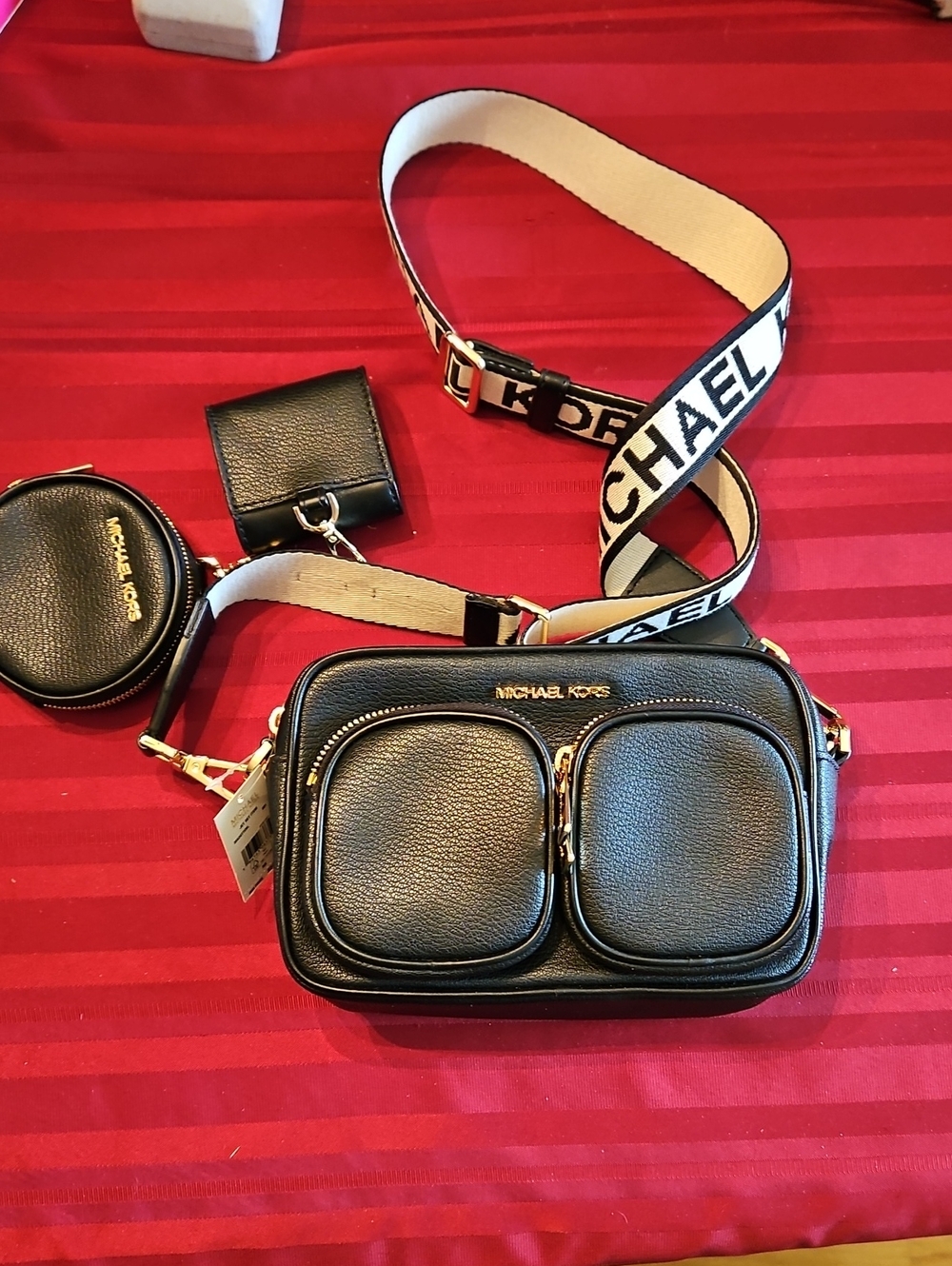 Michael Kors Black Pebbled Leather Crossbody with Branded Strap and Pouch Set